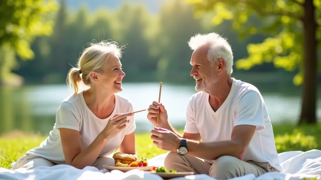 Pāris ēd piknika ēdienus uz baltās picnic segas, ezers un koki aizmugurē, vasaras diena