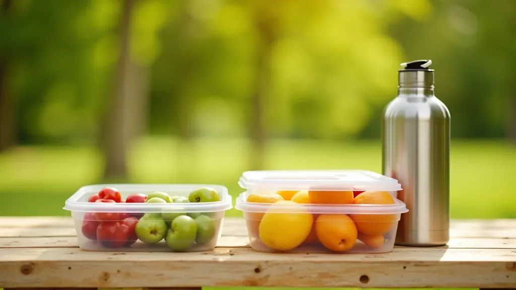 Hermētiski slēgtas plastmasas konteineri dažāda lieluma ar ūdeni, augļiem un sviestmaizes, rindā sakārtoti